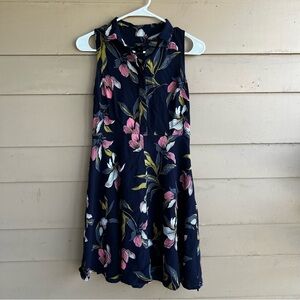 Ann Taylor Midi Tea Dress Navy Floral Sleeveless - Size 4P Office Spring Modest